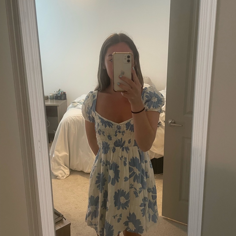 American Eagle Outfitters Blue and White Ruched Sundress